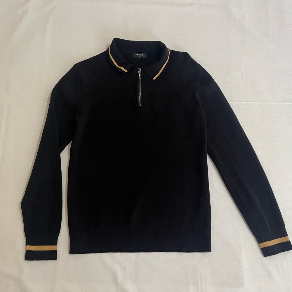 Forever 21 Black and Gold Trim 1/4 Zip Up Collared Long Sleeve Sweater